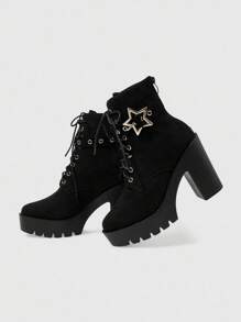 Sugerpunk 女式哥特式圆头粗跟防水台朋克靴，绒面面料，黑色高跟靴，适合派对、日常穿着、晚礼服，增高修腿 - 黑色 - 查看 4