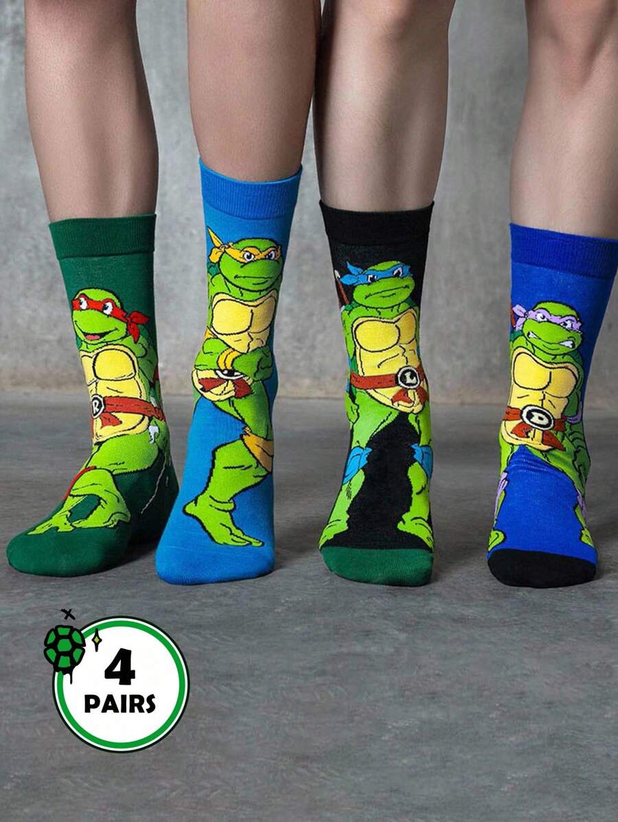 TEENAGE MUTANT NINJA TURTLES | SHEIN 4 双柔软透气吸湿排汗休闲男士中筒袜,搭配时尚灰色和蓝色中筒袜,加固脚趾和脚跟,经久耐用,男女通用,四季百搭 - 彩色 - 查看 1