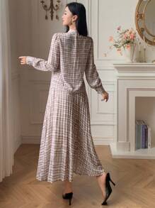 DAZY Women's Plaid Ribbon Collar Shirt And Skirt 2 Pieces Set, Autumn,Fall Women Clothes - Khaki - View 2