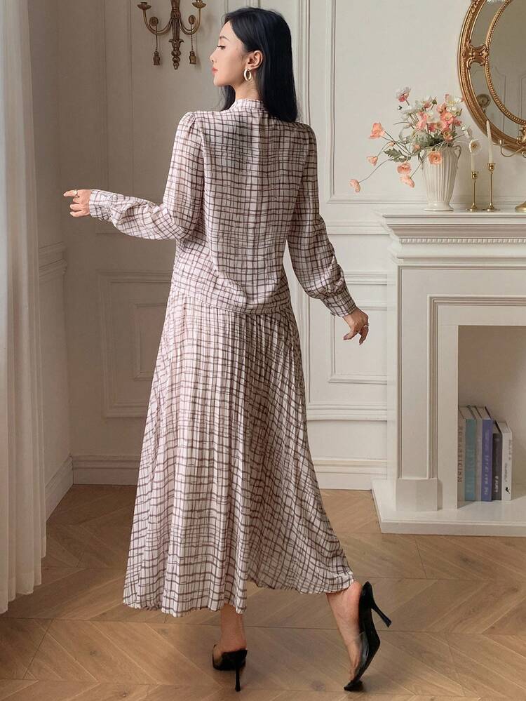 Women's Plaid Ribbon Collar Shirt And Skirt 2 Pieces Set, Autumn,Fall Women Clothes