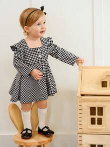 SHEIN Baby Girl Spring&Autumn Casual Style Long Sleeve Checkered Pattern Dress - Black and White - View 4