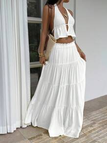 Sunnyshic Bộ 2 món áo hai dây hở lưng xếp ly cổ chữ V sâu bằng vải lanh vàng và chân váy maxi nhiều lớp nhún bèo cạp trễ, thanh lịch, gợi cảm cho kỳ nghỉ, bãi biển, tiệc tùng, hàng ngày, hẹn hò, thiết kế tối giản cho phụ nữ mùa hè - trắng - Xem 7