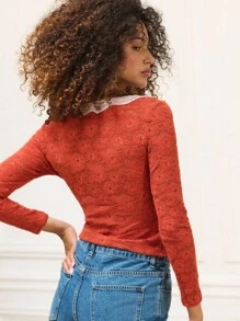 lacRébo Áo ren tay dài cổ chữ V viền ren tương phản cho nữ mùa thu trở lại trường - Rỉ Nâu - Xem 5