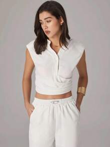 Modelyn 2件套女士无袖褶皱腰上衣和直筒裤 - 米色 - 查看 4