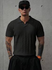DAZY Men's Polo Collar Textured Jacquard Knit Top, Spring/Summer - Black - View 4