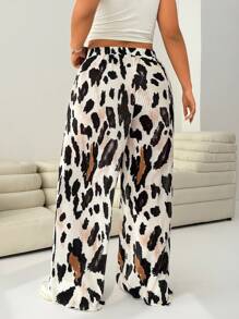 Solflare 大码春季浪漫豹纹休闲抽绳腰褶阔腿裤