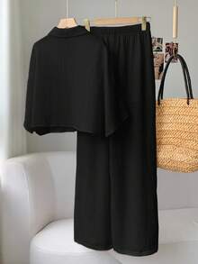 Comfortcana 女式黑色亚麻棉质休闲衬衫和裤子套装 - 黑色 - 查看 2