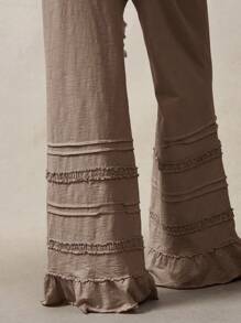Bohemela Bohemian Style Solid Color High Waist Flare Leg Knit Pants, Spring/Summer Ruffle Boho For Women Bell Bottom Tiered Pants,Fall Clothes - Brown - View 8