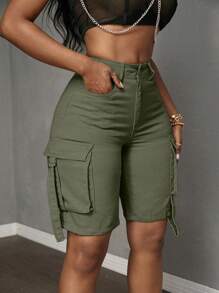 SHEIN SXY Short bermuda décontracté en jean de couleur café pour femmes grandes tailles, avec plusieurs poches