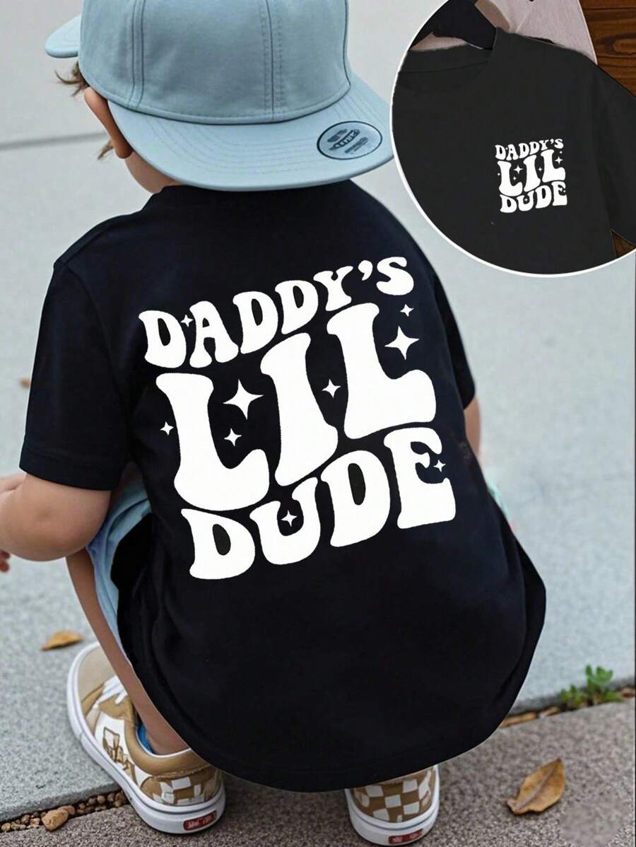 Baby Boys' Casual Fashion Creative Star Shaped Funny Letter Slogan Graphic Print Basic Short Sleeve T-Shirt, Summer Daddy's Lil Dude Shirt Baby Boy Tee Graphic - Black - View 1