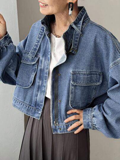 FRIFUL 女式立领休闲水洗牛仔夹克