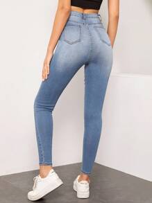 SHEIN Essnce 女式高腰口袋紧身休闲百搭牛仔裤 - 淺色水洗藍 - 查看 2