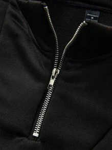 Manfinity EMRG 男士金属半拉链领落肩宽松黑色四分之一拉链套头卫衣，纯色，秋冬款 - 黑色 - 查看 3