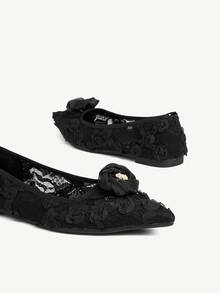 CUCCOO CHICEST 女士秋冬新品 3D 花卉玫瑰刺绣蕾丝尖头平底鞋，优雅甜美浪漫哥特式黑色网眼芭蕾平底鞋，适合茶会、约会、时尚派对、婚礼、万圣节、洛丽塔、圣诞节、感恩节、生日、情人节的正式礼服鞋 - 黑色 - 查看 11