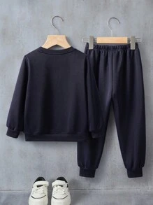 Batwheels X SHEIN 2 pièces/Set Sweat-shirt col rond motif de dessin animé pour jeune garçon et pantalon de survêtement à taille élastique - Bleu marine - Voir 2