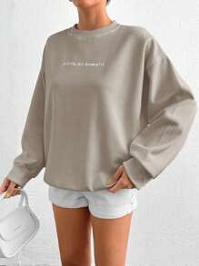 Cottnline 100% Cotton Women's Loose Fit Letter Print Sweatshirt - Camel - View 3