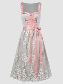 Fairmaia Elegantes vintage ärmelloses Damenkleid, traditionelles deutsches vintage ärmelloses Damenkleid mit Blumenmuster, traditionelles Dirndl-Kleid mit quadratischem Ausschnitt und Schürze, für Oktober, Halloween - Grau - Übersicht 1
