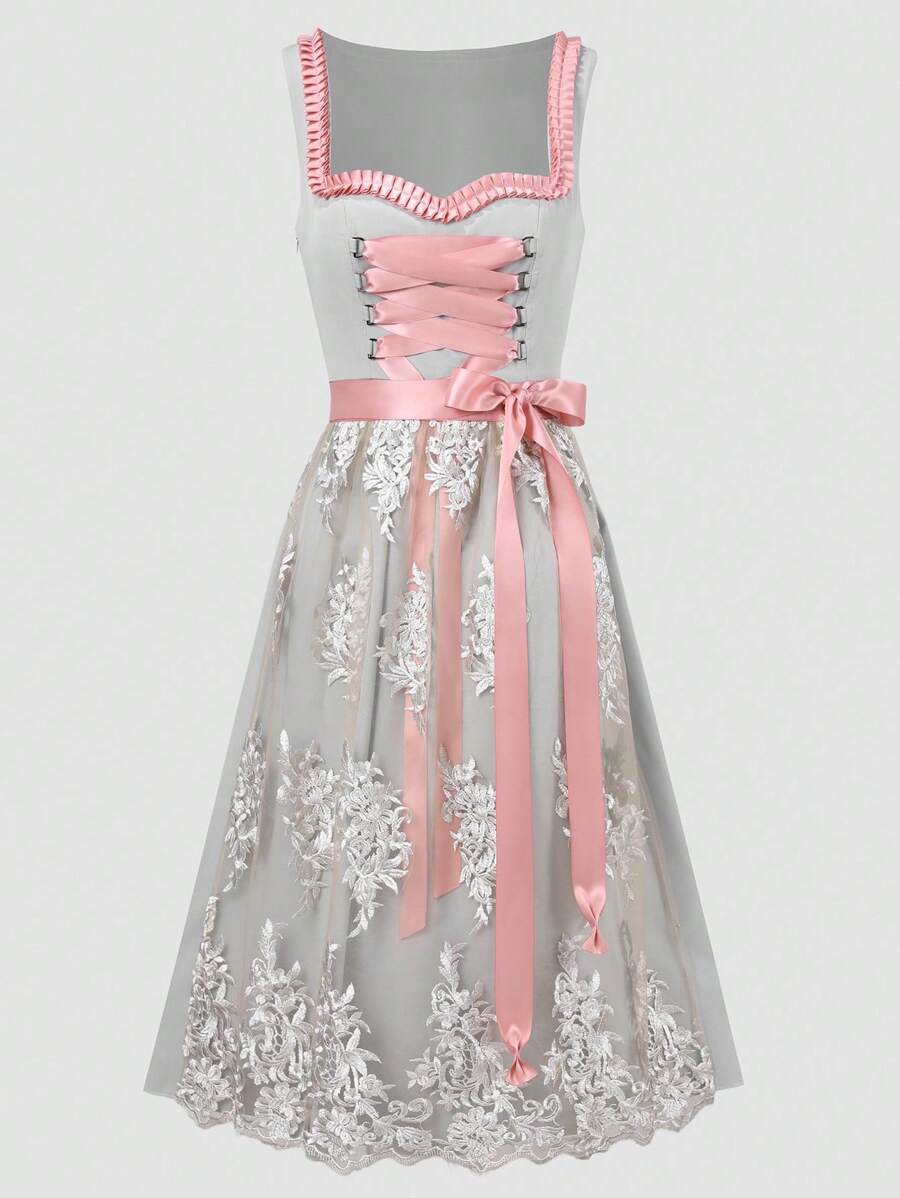 Fairmaia Elegantes vintage ärmelloses Damenkleid, traditionelles deutsches vintage ärmelloses Damenkleid mit Blumenmuster, traditionelles Dirndl-Kleid mit quadratischem Ausschnitt und Schürze, für Oktober, Halloween - Grau - Übersicht 1