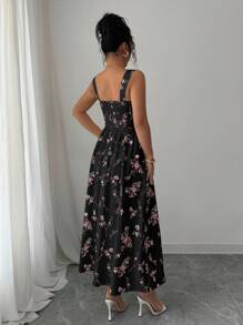 Elenzga 春夏季女士最新花卉优雅腰部褶皱长裙 - 黑色 - 查看 2