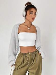Flirla Casual Loose Solid Color Cropped Cardigan Fall Winter Cloth For Women - Light Grey - View 5