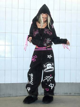 Paul Frank X ROMWE Jeans anchos y sueltos con estampado de mono de graffiti de calle estilo Y2K para mujer