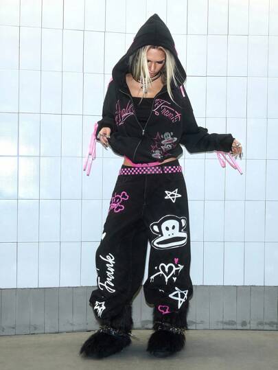 Paul Frank X ROMWE Jeans ampi e larghi da donna in stile Y2K Baddie con stampa di graffiti e scimmie