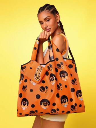 Cheetos X SHEIN 1pc Cartoon Pattern Foldable Shopping Bag With Small Pouch, Handbag With Beaded Chain, Suitable For Commuting, Shopping, Travel, For Both Men And Women, Lightweight And Portable,