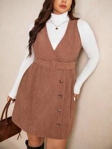 Elaquor Váy suông cổ điển màu nâu phong cách đại học thường ngày mùa thu, vải nhung kẻ, túi thắt lưng có thể tháo rời, cỡ lớn dành cho nữ, quần áo mùa đông - màu nâu - Xem 6