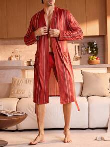 SHEIN Men's Contrast Stripe Dual Pocket Long Sleeve Robe - Multicolor - View 3