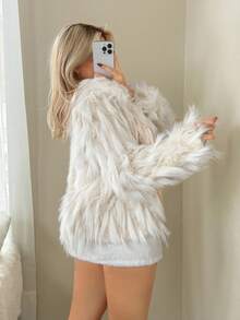Sweetina Women's Striped Fluffy Exaggerated Date Dress Faux Fur Coat In Fall/Winter - White - View 3