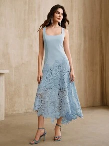 Anewsta Váy ôm sát không tay khoét eo ren mới mùa hè, màu vàng bướm - Màu xanh lam - Xem 7