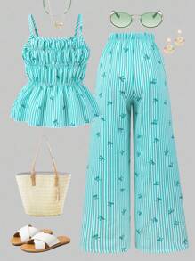 Sparklyn 女童条纹蝴蝶结吊带背心和直筒裤夏季度假装 - 綠色 - 查看 2