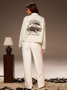 Athîral Women's Letter & Car Graphic Long Sleeve Casual Cropped Denim Coat, Fall Women , Winter Coat Women, Back To School, Club - White - View 5