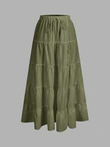 Siren Gaze 橄榄绿色休闲简约系带分层开衩下摆A字裙，适合夏季