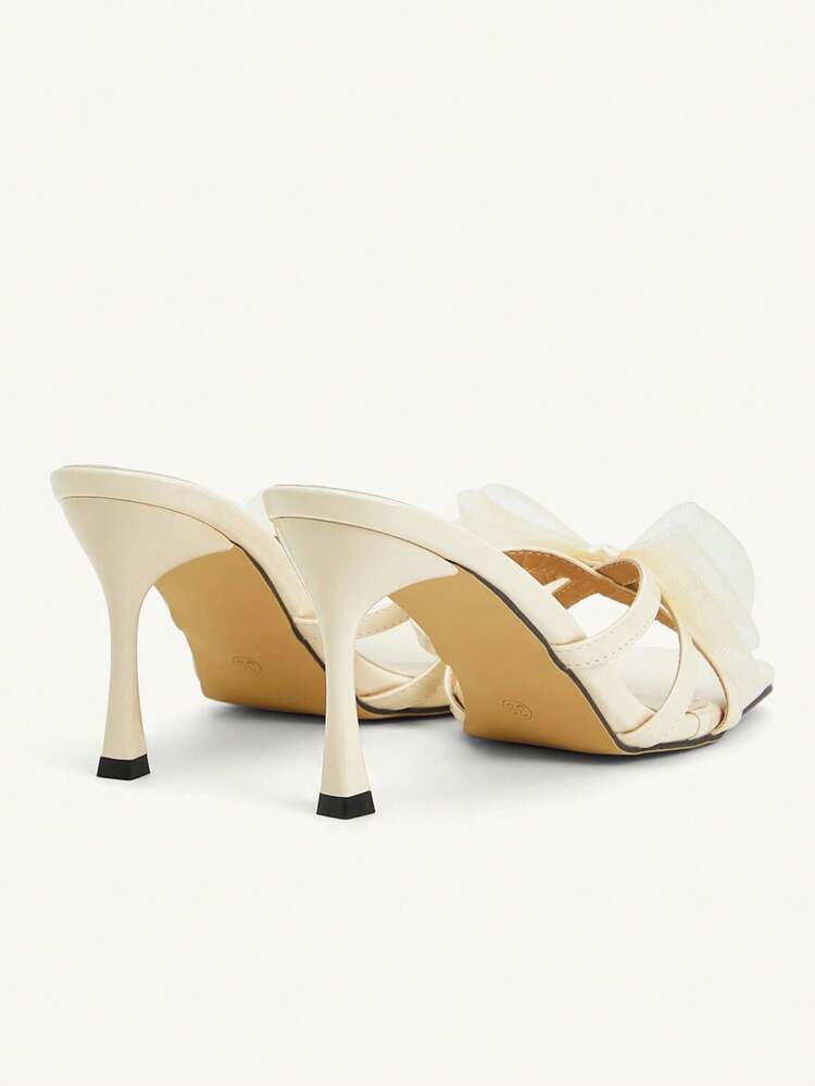 CUCCOO CHICEST Beige Bow Decor Mesh Square Toe Stiletto Mid Heel Elegant Casual Comfortable Slip-On Pumps, Suitable For Work, Commute, Date, Party, Formal Occasions