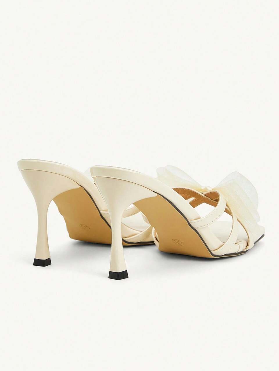 CUCCOO CHICEST Beige Bow Decor Mesh Square Toe Stiletto Mid Heel Elegant Casual Comfortable Slip-On Pumps, Suitable For Work, Commute, Date, Party, Formal Occasions