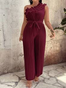 SHEIN Clasi Plus Size Elegant Solid Color Pleated Jumpsuit, Summer - Burgundy - View 5