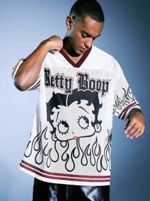 ROMWE MEN Betty Boop | ROMWE 男式字母与人物图案 V 领短袖 T 恤