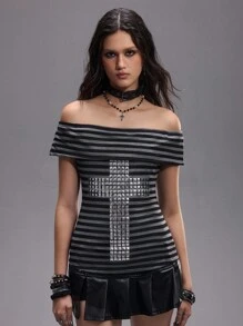 ROMWE Grunge Punk 朋克性感 Y2K 条纹铆钉十字女式 Kpop 修身 T 恤 - 黑色 - 查看 8