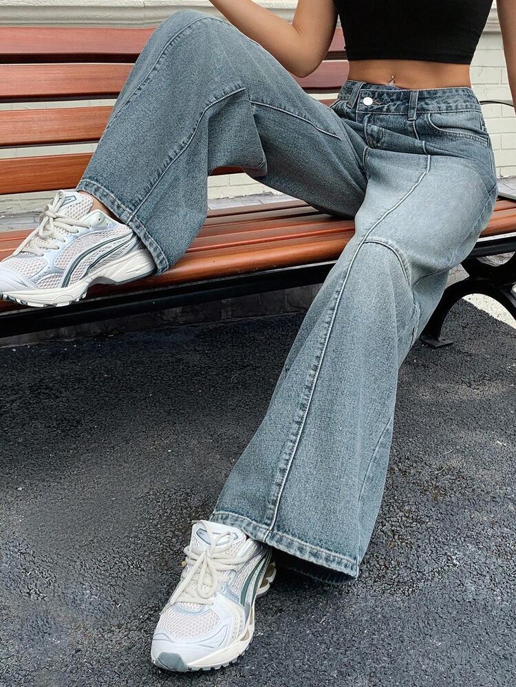 Women's Asymmetrical Waistline Design Loose Banana Pants With Split Details, Casual Street Style Jeans