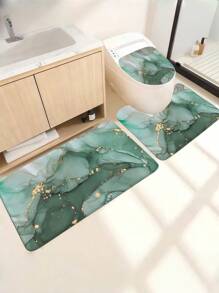 SHEIN Conjunto de banheiro de 1/4 peças, cortina de chuveiro impermeável com padrão de mármore verde, conjunto de decoração de banheiro de luxo moderno, acessórios de decoração de banheiro para 4 estações, tapete de banho antiderrapante, tapete em formato de U e tampa de vaso sanitário redonda para todos os cenários. Acessórios de banheiro de verão - Multicolorido - Ver 7
