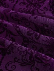 ROMWE Spring/Summer Gothic Palace Style Halloween Party Flocked Cross Floral Pattern Mesh Patchwork Lace-Up Waist Women Blouse - Purple - View 4