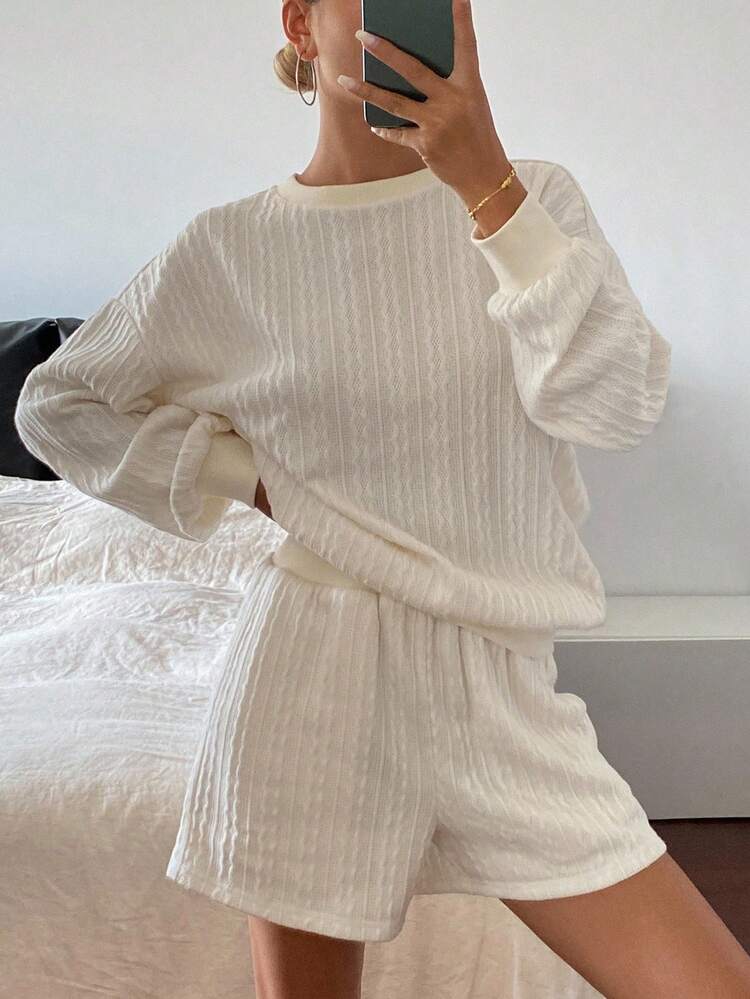 2pcs Women Solid Color Textured Fabric Loose Crew Neck Long Sleeve Sweatshirt And Straight Leg Shorts Casual Street Style Thick Outfit, Autumn/Winter Lounge Sets For Women