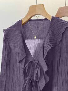 INAWLY Women's Spring/Autumn V-Neck Knotted Ruffle Trim Long Sleeve Blouse, Textured Fabric Fall Cloth For Women - Purple - View 5