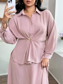 Modelyn Plus Size Women's Solid Color Drop Shoulder Long Sleeve Shirt And Midi Skirt Casual 2 Pieces Set,Fashionable Casual Elegant Women's Clothing, Autumn Women's Clothing, Women's Shirts, Preppy Dresses, Women's Strappy Shirt Dresses, Back To Work Back To School Women's Clothing, Dresses For Mom, Romantic Tops, Party Wear,Knitted Dress