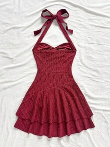 Soleia Red Mini Wrap Dress With Twist Neck, Gathered Waist, Double-Layer Hem For Vacation, Dating, Afternoon Tea, Holiday, Music Festival, Bohemian Style Red Beach Dress Sexy Vacation Dress Skirt Swimsuit Set - Burgundy - View 2