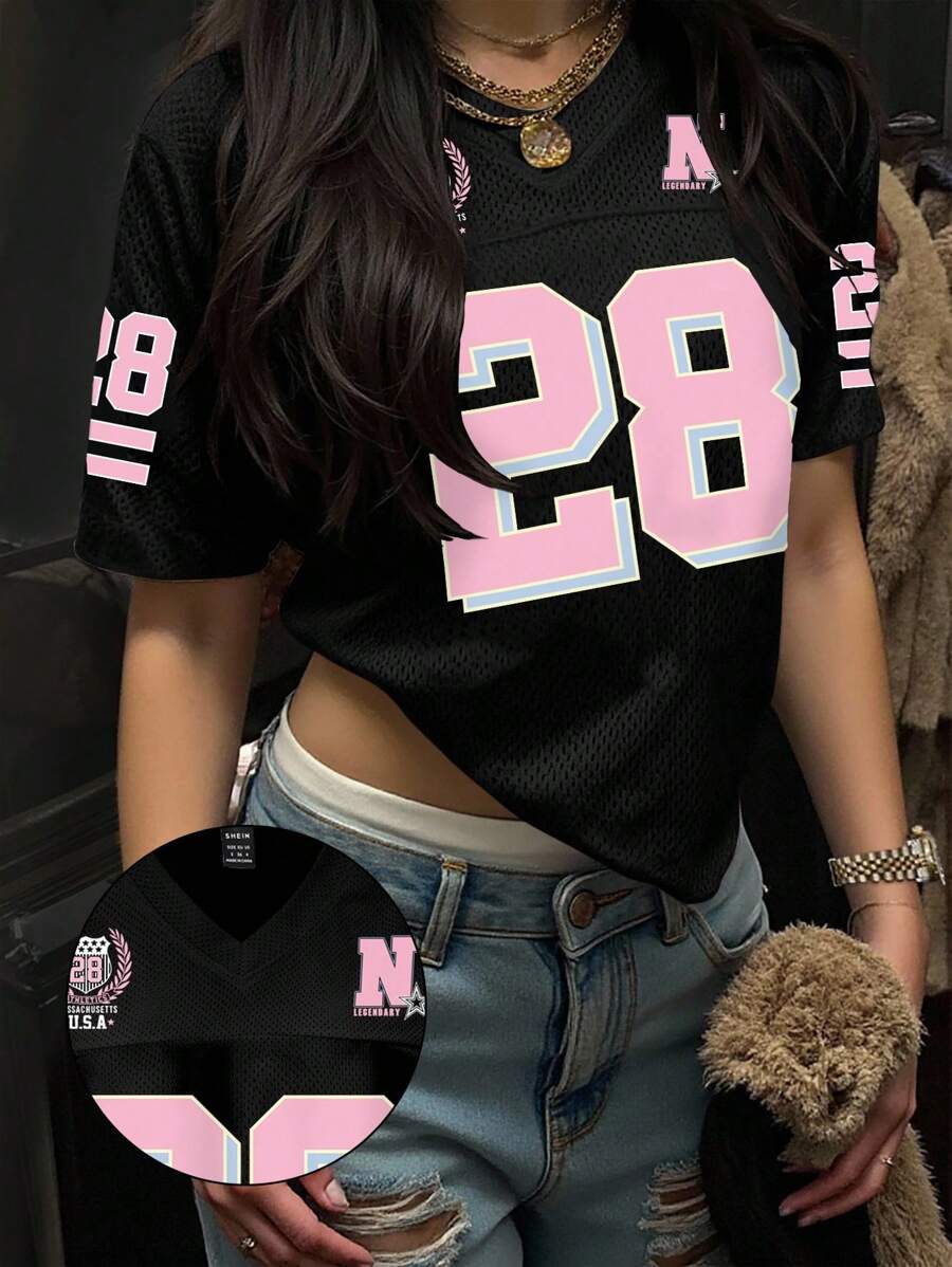 INAWLY Women's V-Neck Sporty T-Shirt With 28 Graphic Print - Black - View 1