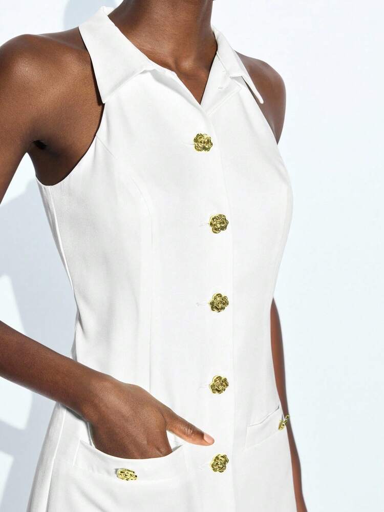 SHEIN Maija Women's White Metal Flower Decor Design Summer Apparel, Modern Urban Casual Fashion Sleeveless Shirt Collar Split Sides Pockets Business Casual Dress Office Outfit, Low-Key Old-Fashioned Elegant Urban Commuter Fashion Magazine Editor Same Style City Social Event Party Dress White Mini Dress White Button Up Dress White Halter Dress White Club Dress Mod DressBusiness Casual Women's Office Wear Low-Key Old Money Style Effortless Temperament High-End Urban Commuting King Magazine