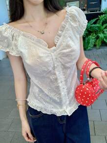 DAZY Women's Summer V-Neck Frill Trim Fitted Short Sleeve T-Shirt - White - View 4