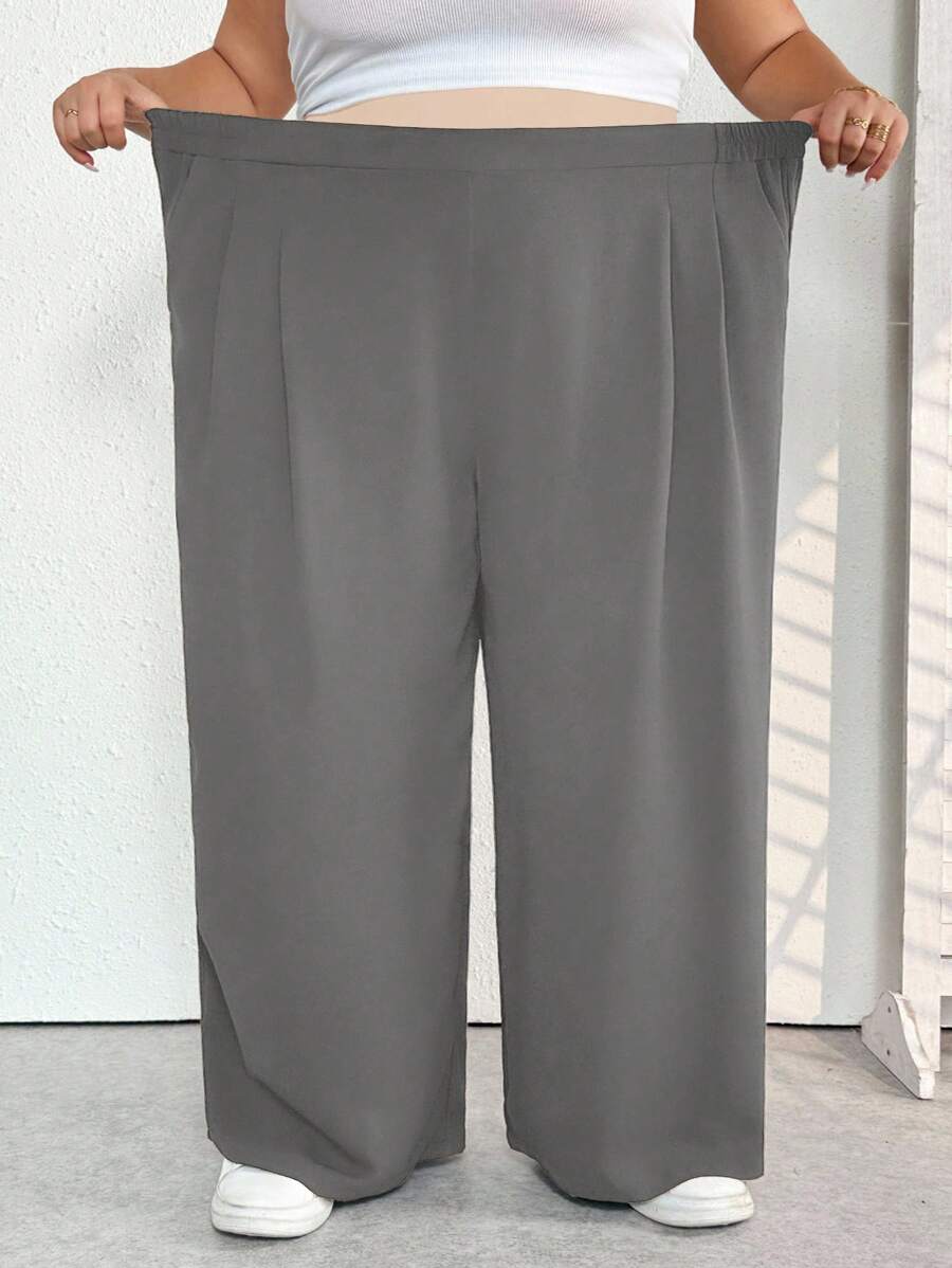 SHEIN CURVE+ 大码休闲纯色阔腿裤 - 灰色 - 查看 1